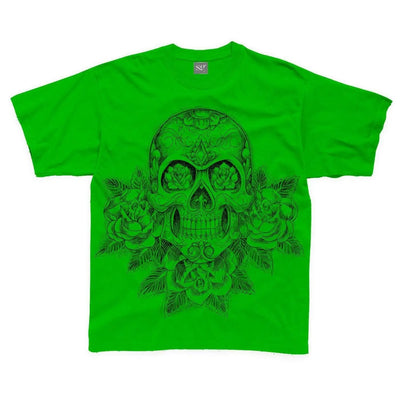 Skull and Roses Tattoo Large Print Kids Children's T-Shirt 5-6 / Kelly Green