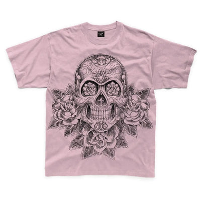 Skull and Roses Tattoo Large Print Kids Children's T-Shirt 5-6 / Pink