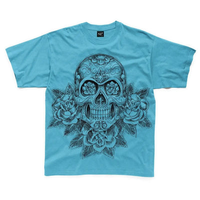 Skull and Roses Tattoo Large Print Kids Children's T-Shirt 5-6 / Sapphire Blue