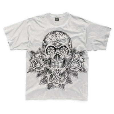 Skull and Roses Tattoo Large Print Kids Children's T-Shirt 5-6 / White
