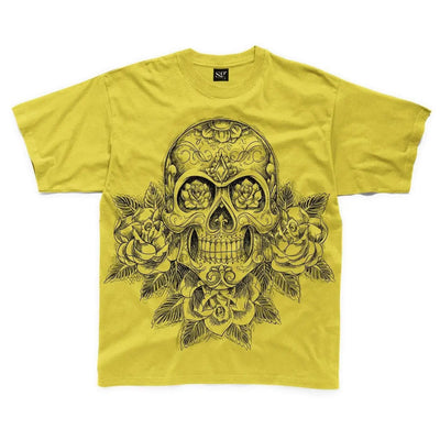 Skull and Roses Tattoo Large Print Kids Children's T-Shirt 5-6 / Yellow