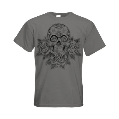 Skull and Roses Tattoo Large Print Men's T-Shirt L / Charcoal
