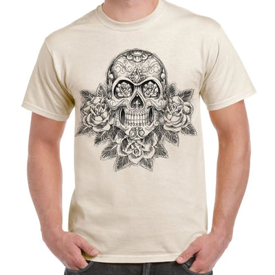 Skull and Roses Tattoo Large Print Men's T-Shirt L / Cream