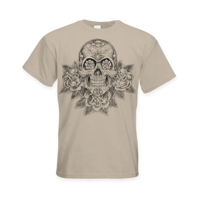 Skull and Roses Tattoo Large Print Men's T-Shirt L / Khaki