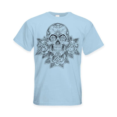 Skull and Roses Tattoo Large Print Men's T-Shirt L / Light Blue