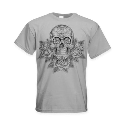 Skull and Roses Tattoo Large Print Men's T-Shirt L / Light Grey