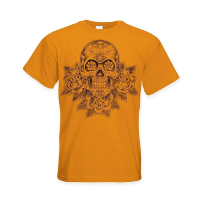 Skull and Roses Tattoo Large Print Men's T-Shirt L / Orange