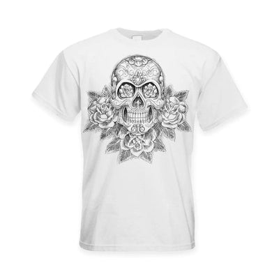 Skull and Roses Tattoo Large Print Men's T-Shirt L / White