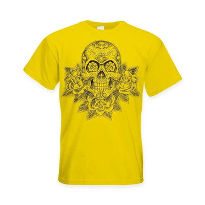 Skull and Roses Tattoo Large Print Men's T-Shirt L / Yellow