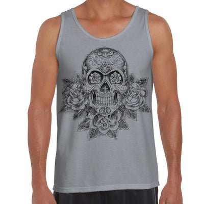 Skull and Roses Tattoo Large Print Men's Vest Tank Top XL / Light Grey