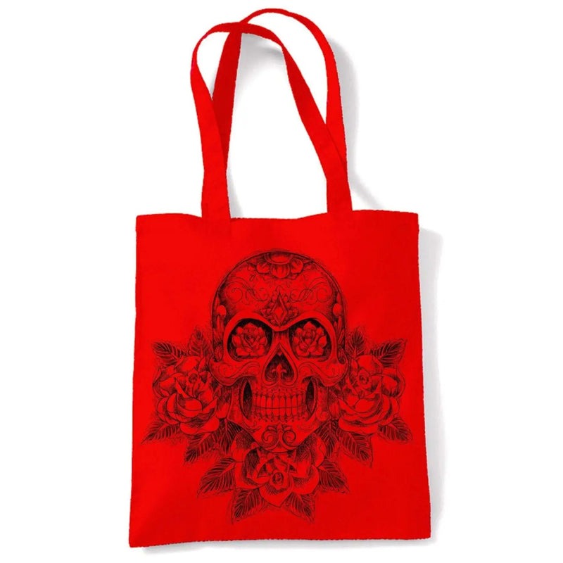 Skull and Roses Tattoo Large Print Tote Shoulder Shopping Bag