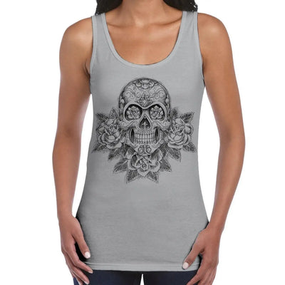 Skull and Roses Tattoo Large Print Women's Vest Tank Top XL / Light Grey
