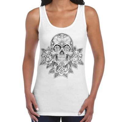 Skull and Roses Tattoo Large Print Women's Vest Tank Top XL / White