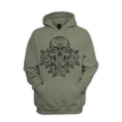 Skull and Roses Tattoo Men's Pouch Pocket Hoodie Hooded Sweatshirt XL / Khaki