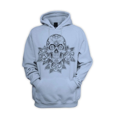 Skull and Roses Tattoo Men's Pouch Pocket Hoodie Hooded Sweatshirt XL / Light Blue