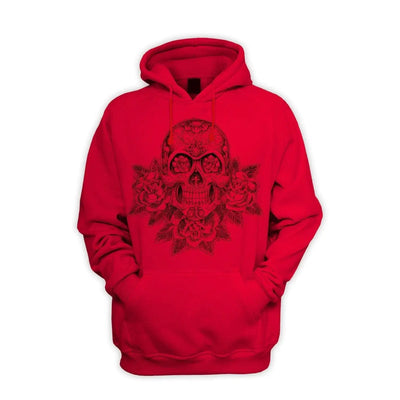 Skull and Roses Tattoo Men's Pouch Pocket Hoodie Hooded Sweatshirt XL / Red