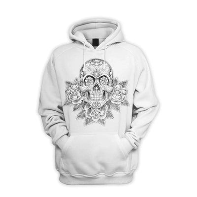 Skull and Roses Tattoo Men's Pouch Pocket Hoodie Hooded Sweatshirt XL / White
