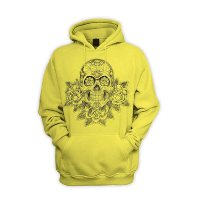Skull and Roses Tattoo Men's Pouch Pocket Hoodie Hooded Sweatshirt XL / Yellow