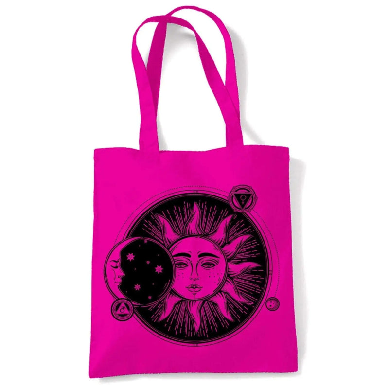 Sun and Moon Eclipse Hipster Tattoo Large Print Tote Shoulder Shopping Bag Hot Pink