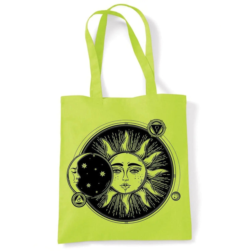Sun and Moon Eclipse Hipster Tattoo Large Print Tote Shoulder Shopping Bag Lime Green