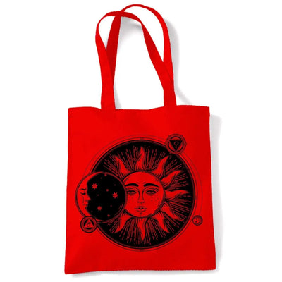 Sun and Moon Eclipse Hipster Tattoo Large Print Tote Shoulder Shopping Bag Red
