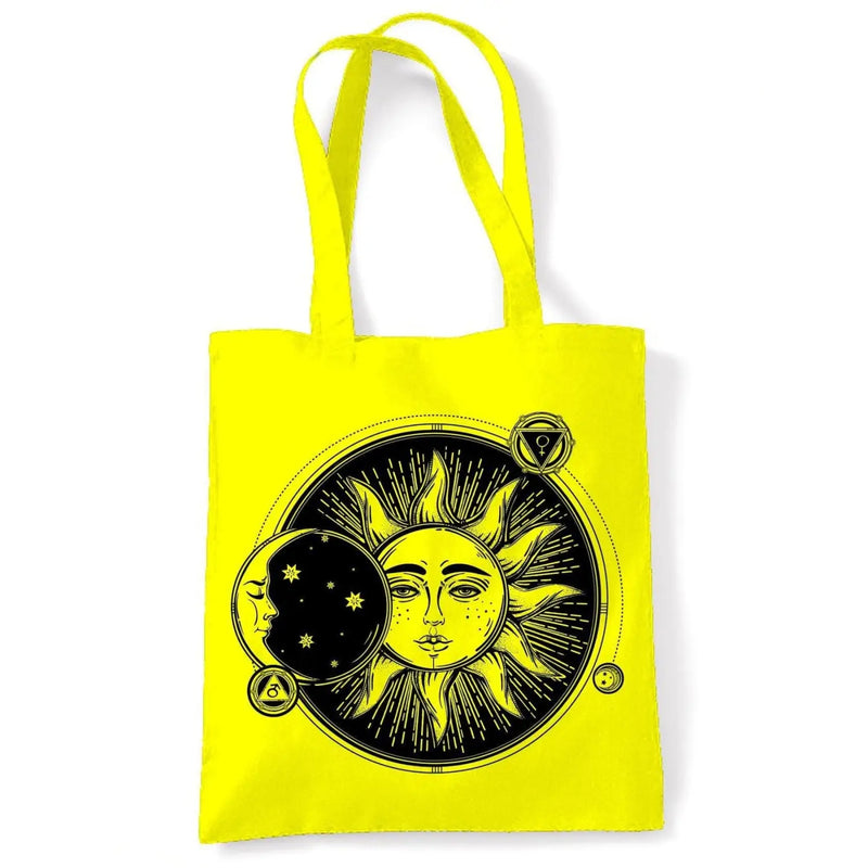 Sun and Moon Eclipse Hipster Tattoo Large Print Tote Shoulder Shopping Bag Yellow
