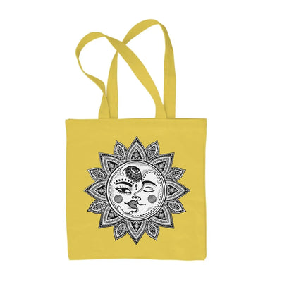 Sun and Moon Mandala Design Tattoo Hipster Large Print Tote Shoulder Shopping Bag Yellow