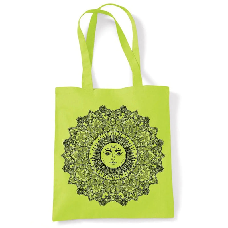Sun Mandala Hipster Tattoo Large Print Tote Shoulder Shopping Bag Lime Green