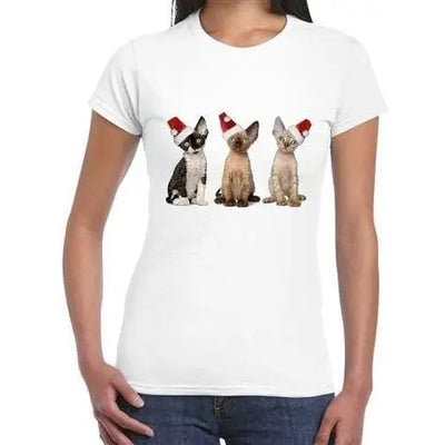 Three Santa Kittens Ladies Christmas T-Shirt