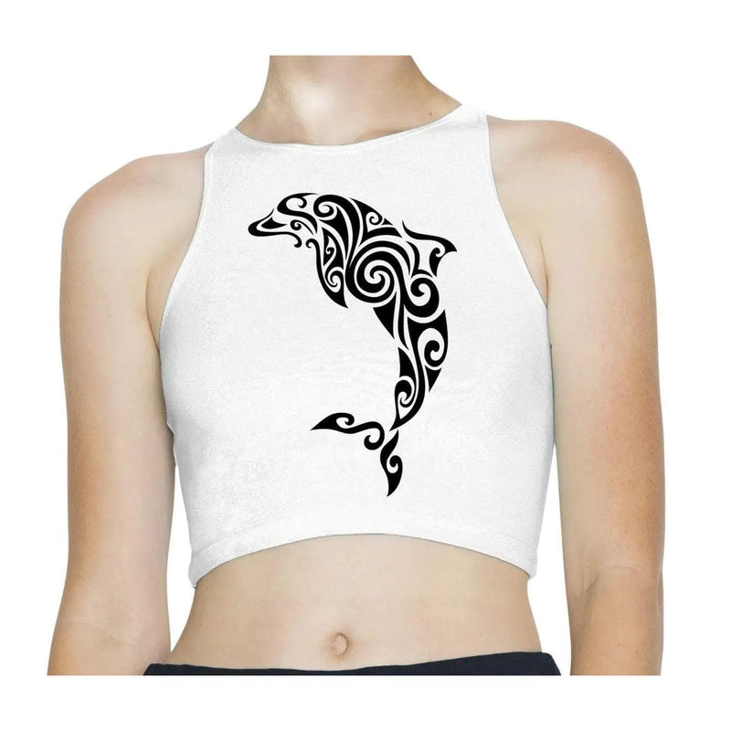 Tribal Dolphin Tattoo Hipster Sleeveless High Neck Crop Top XS / White