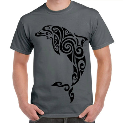 Tribal Dolphin Tattoo Large Print Men's T-Shirt XL / Charcoal