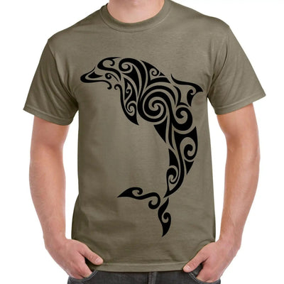 Tribal Dolphin Tattoo Large Print Men's T-Shirt XL / Khaki