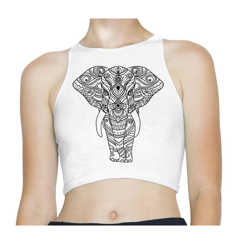 Tribal Indian Elephant Tattoo Hipster Sleeveless High Neck Crop Top S / White