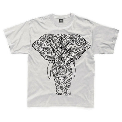 Tribal Indian Elephant Tattoo Large Print Kids Children's T-Shirt 7-8 / White