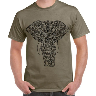 Tribal Indian Elephant Tattoo Large Print Men's T-Shirt XL / Khaki