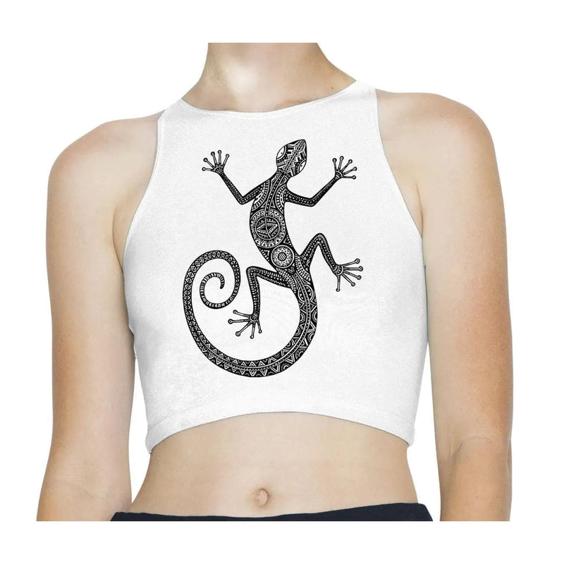Tribal Lizard Gecko Tattoo Hipster Sleeveless High Neck Crop Top L / White