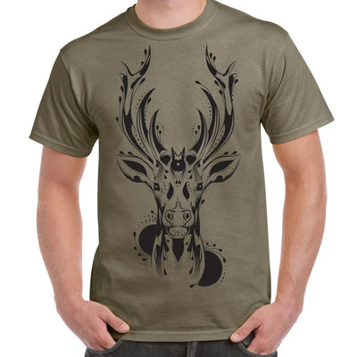 Tribal Stags Head Large Print Men's T-Shirt S / Khaki