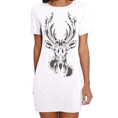 Tribal Stags Head Large Print Women's T-Shirt Dress M