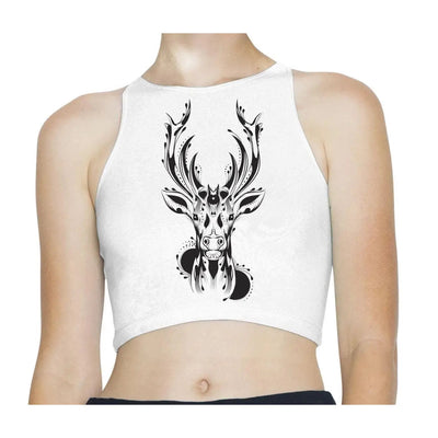 Tribal Stags Head Tattoo Hipster Sleeveless High Neck Crop Top XS / White