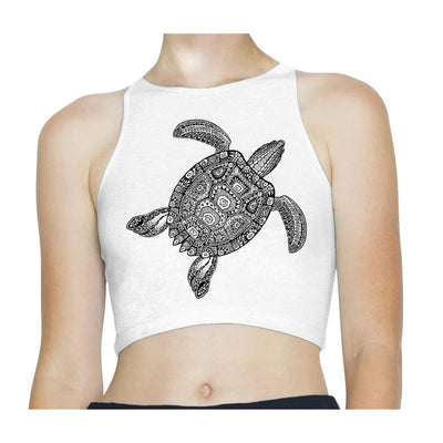 Tribal Turtle Tattoo Hipster Sleeveless High Neck Crop Top L
