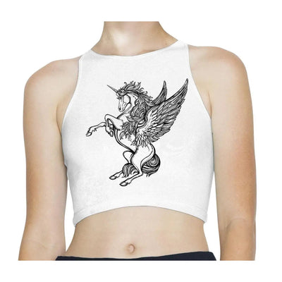 Tribal Unicorn Tattoo Hipster Sleeveless High Neck Crop Top XS / White