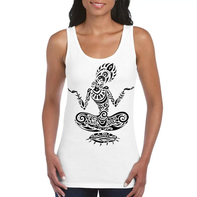 Tribal Yoga Lotus Pose Tattoo Large Print Women's Vest Tank Top L / White