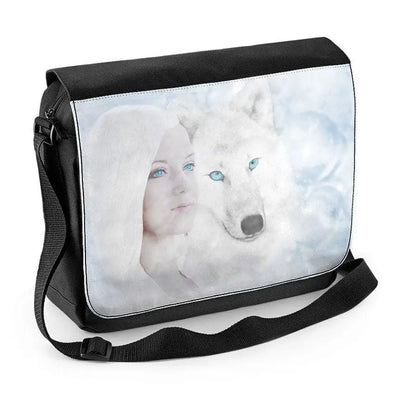 White Wolf and Woman Fantasy Art Laptop Messenger Bag