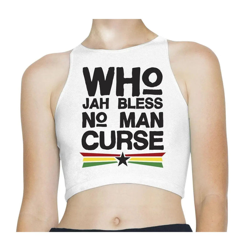 Who Jah Bless Rasta Reggae Sleeveless High Neck Crop Top L / White