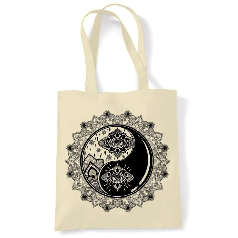 Yin and Yang Mandala Hipster Tattoo Large Print Tote Shoulder Shopping Bag Cream