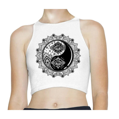 Yin Yang Mandala Tattoo Sleeveless High Neck Crop Top S / White